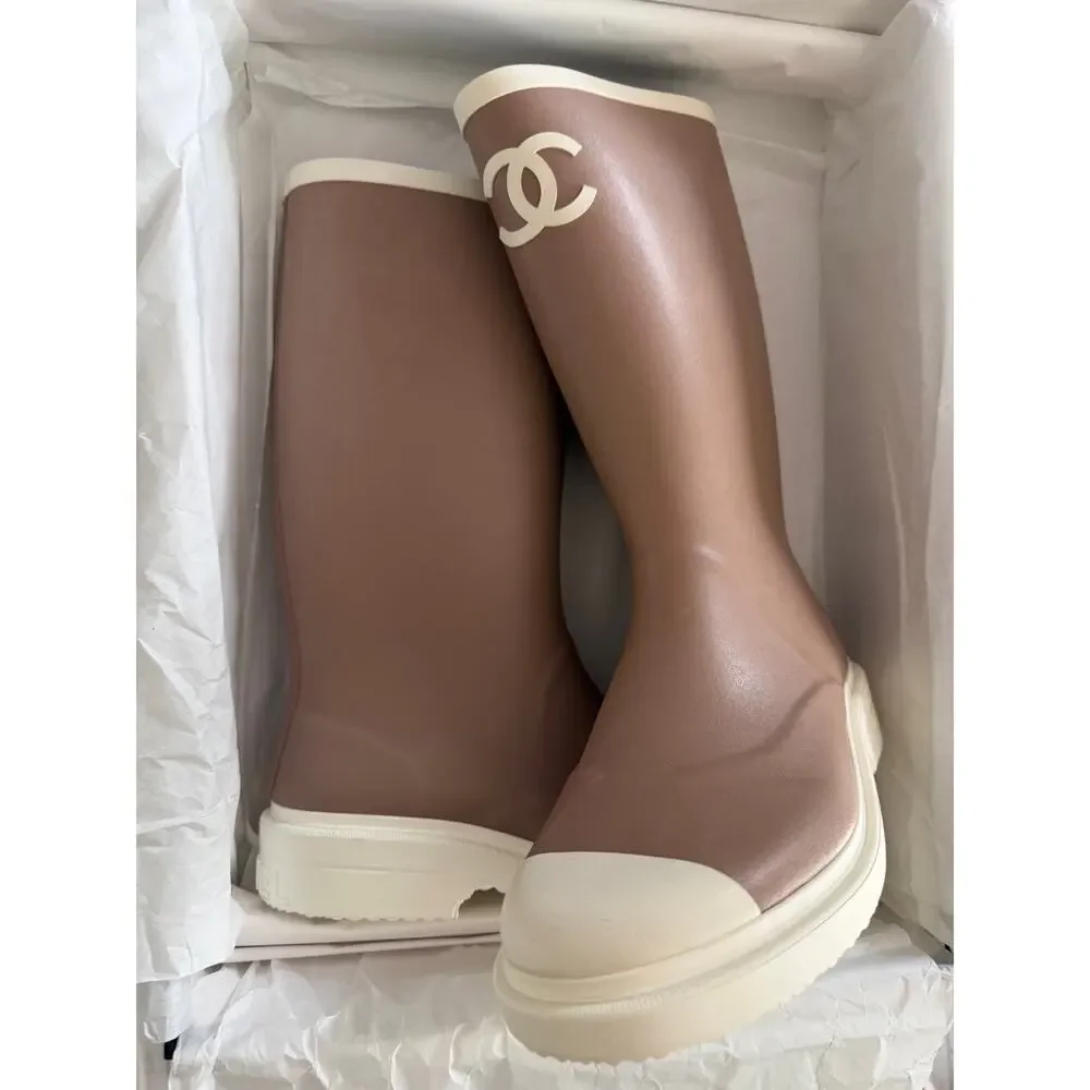 Chanel 26C Beige White Caoutchouc CC Logo High Pull On Rubber Rain Boots 36 - Picture 12 of 16